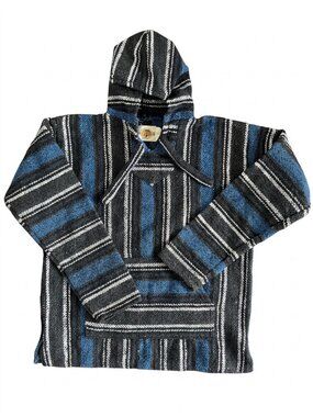 Earth Ragz Baja Joe Mexican Hoodie Small Blue Black Striped Jerga Pullover Boho